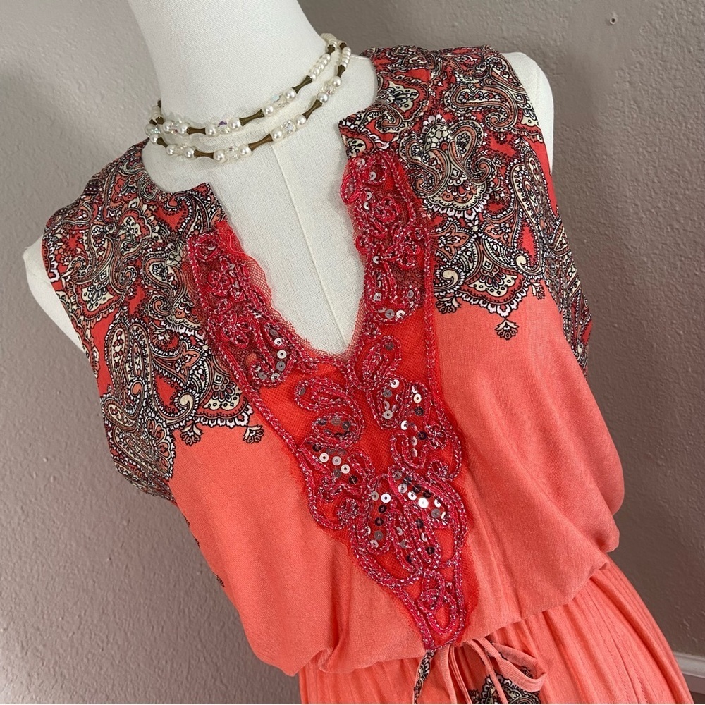 Paisley Chiffon Sleeveless Maxi Dress Size Small Rhinestone Sequin Detail - Picture 8 of 15